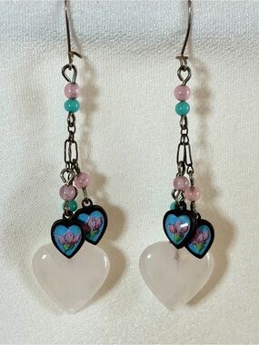 Lucy Isaacs Rose Quartz Heart Dangle Earrings Sterling NWOT